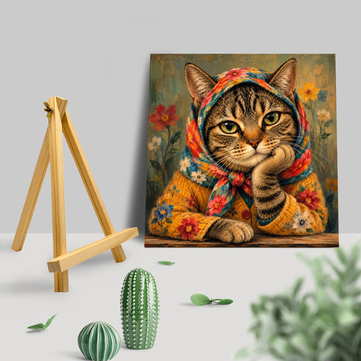 Babushka Cat Portrait Mini Easel Art