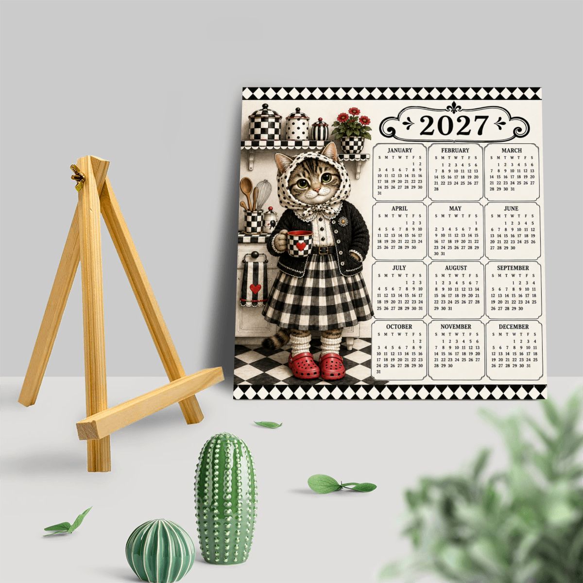 Babushka Cat Black and White  Mini 2027 Calendar Wood Block Sign – 8" x 8"