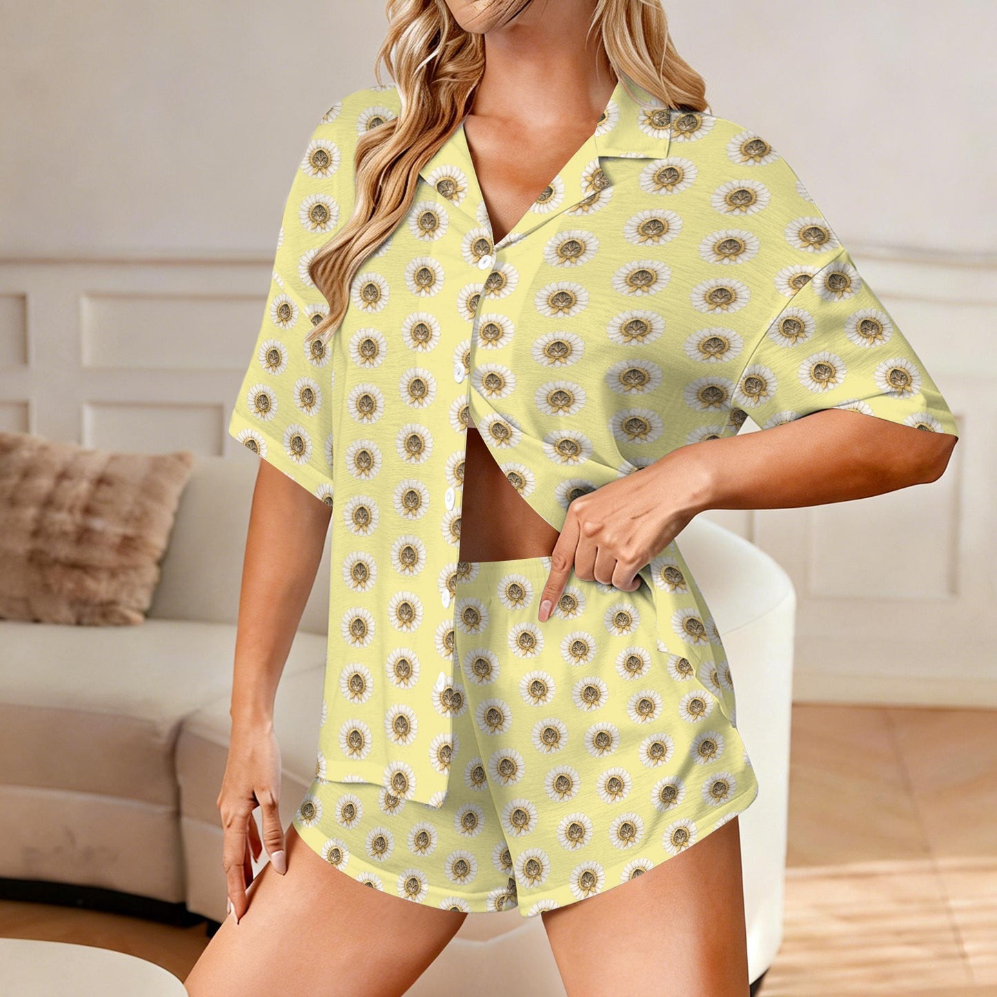 Babushka Cat Daisy Heads Women’s Two-Piece Pajama Set