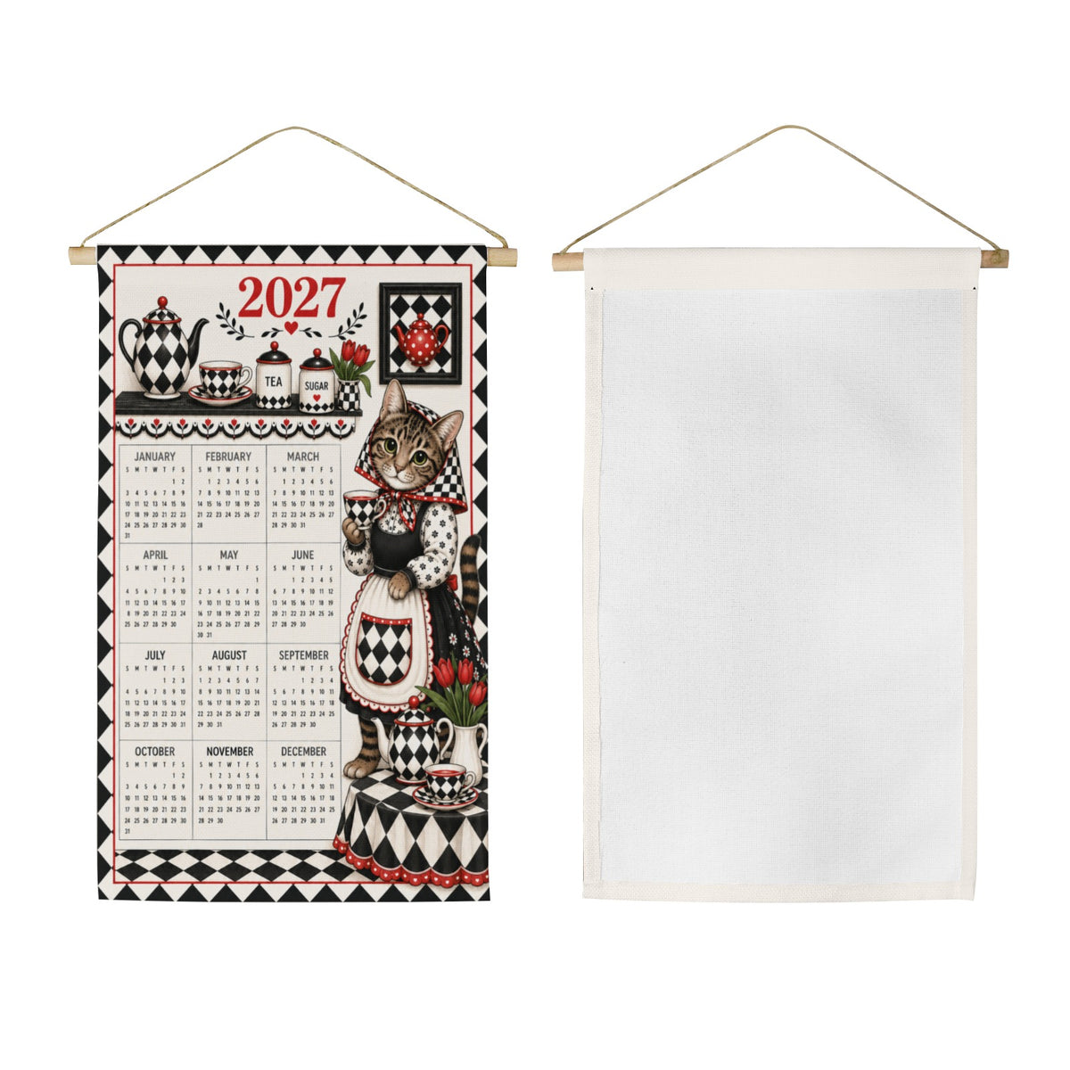 Babushka Cat Goes Harlequin Old Timey Style Wall Calendar