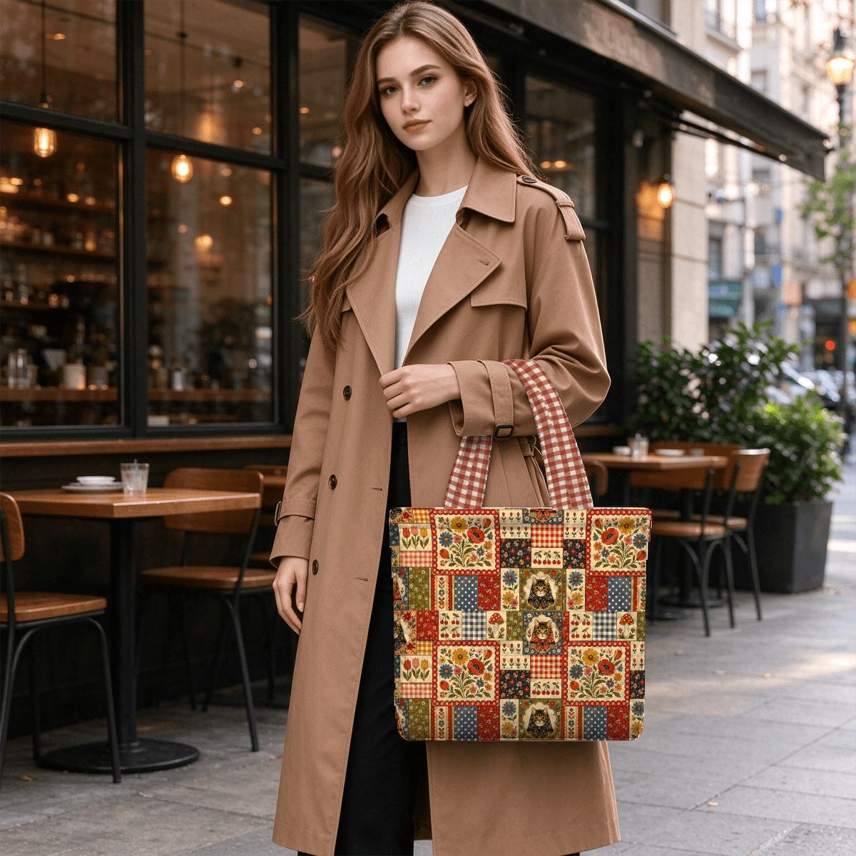 Babushka Cat Cottage Charm Quilted Tote Bag