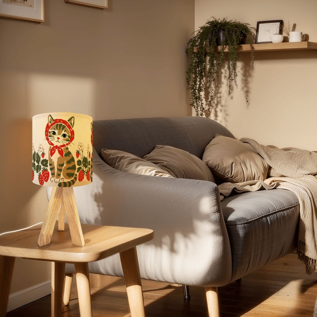 Babushka Cat Strawberry Cottagecore Tripod Table Lamp