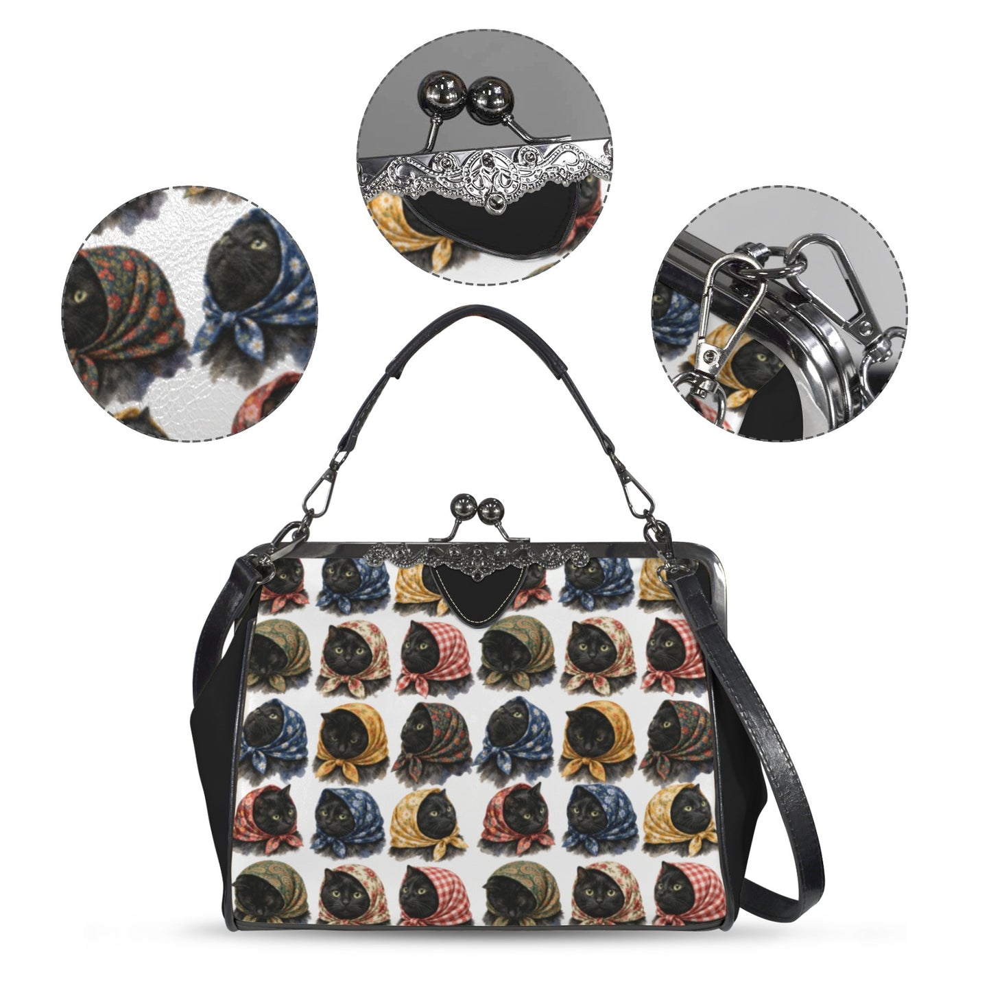 Babushka Black Lucky Cats Vintage Style Kisslock Purse