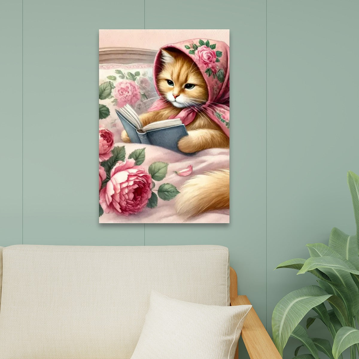 Babushka Cat Reads Kitschy Canvas Print Wall Art