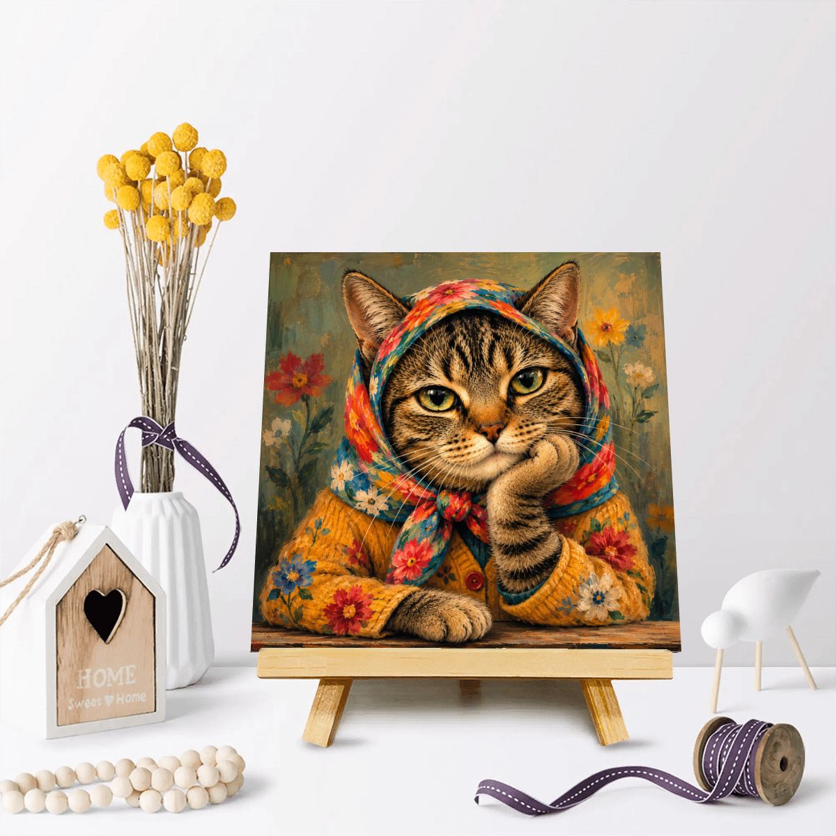 Babushka Cat Portrait Mini Easel Art