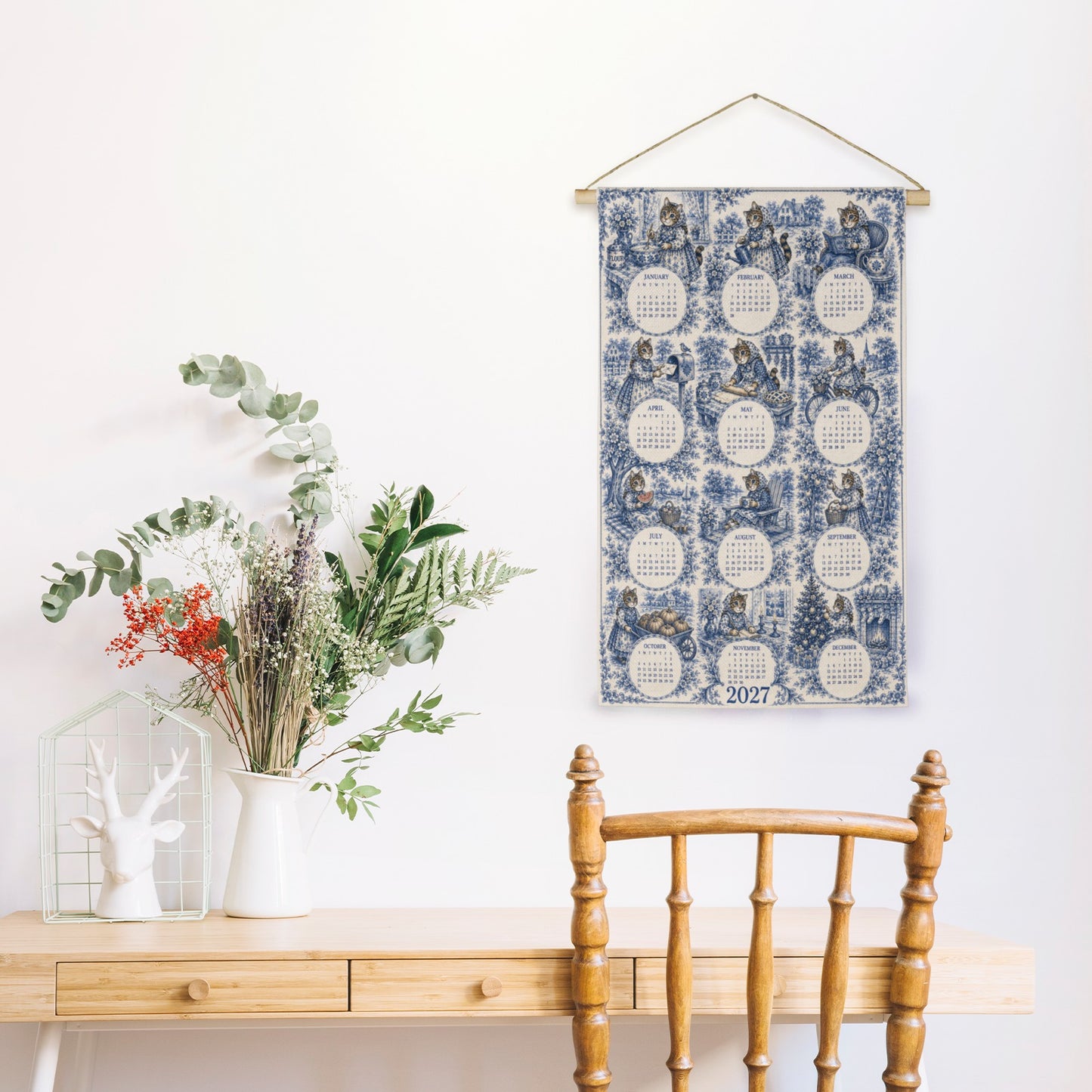 Babushka Cat Toile Old Timey Wall Hanging Calendar
