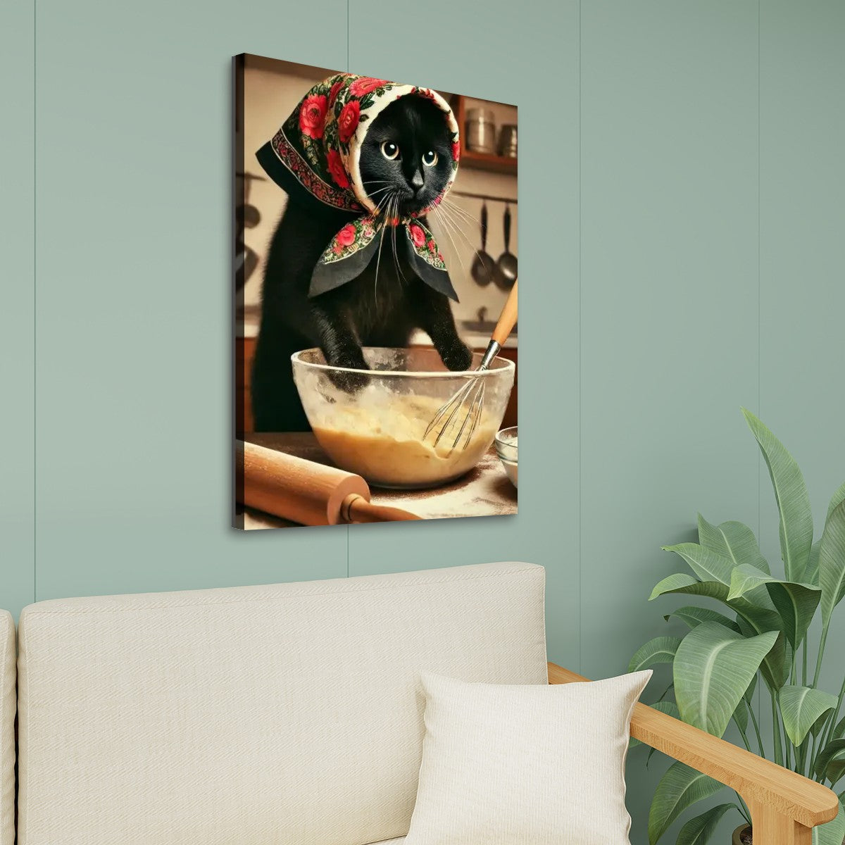 Babushka Black Cat Kitchen Kitschy Art-Canvas Prints Wall Art