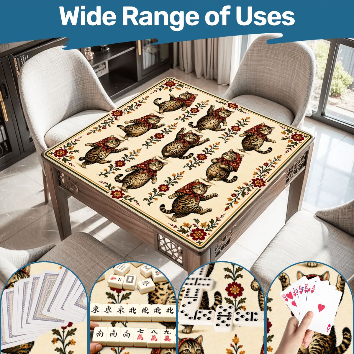Babushka Cat, Tabby Cats Mahjong Mat 33"x33" (Ship Rolled up)