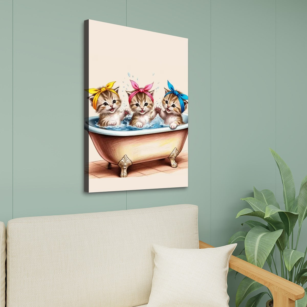 Retro Kittens in Bathtub Kitschy Cat Art Canvas Print Wall Art