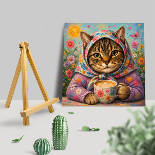 Babushka Cat Happy Coffee Time Mini Easel Art