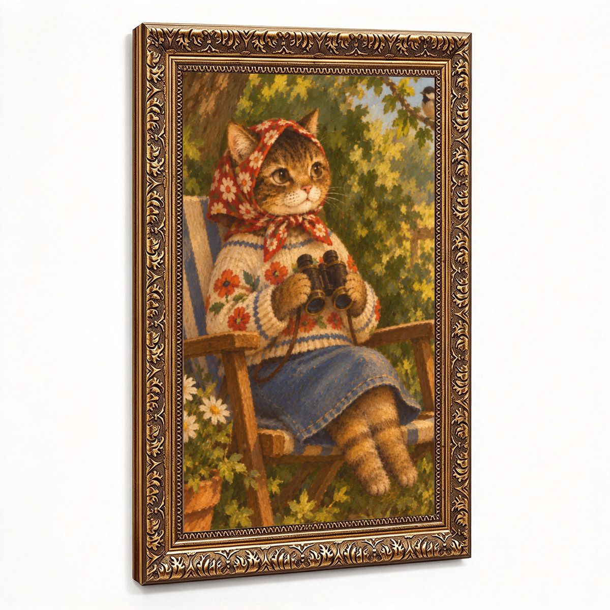 Babushka Cat Vintage Style Birdwatching Gold Framed Canvas Wall Art