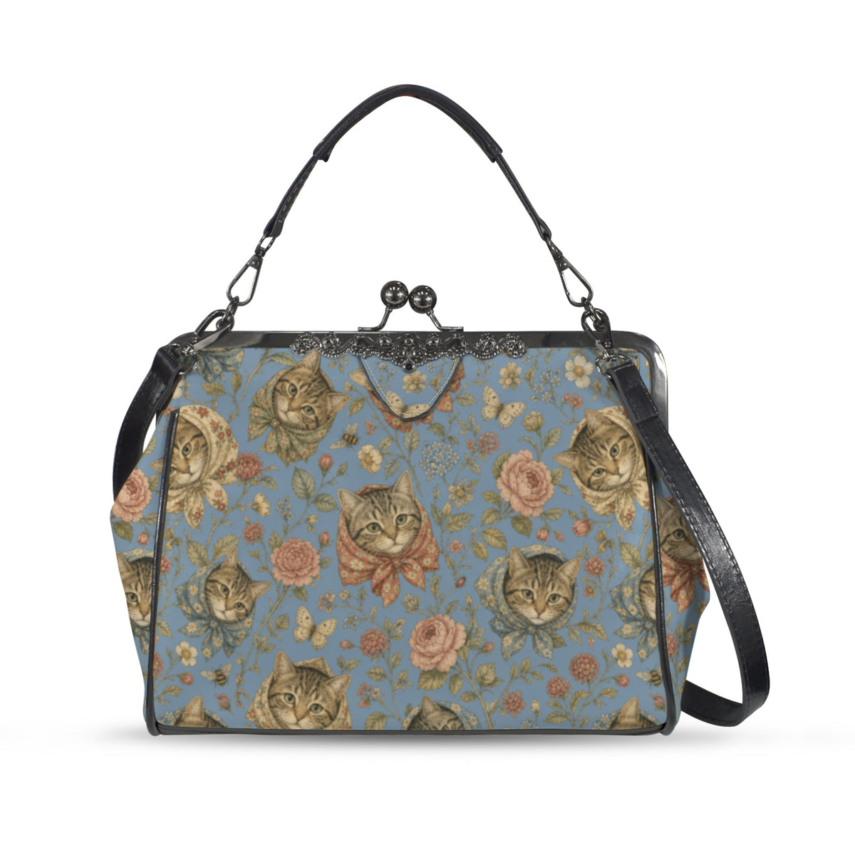 Babushka Cat Heads Pastoral Toile Vintage Style Kisslock Purse