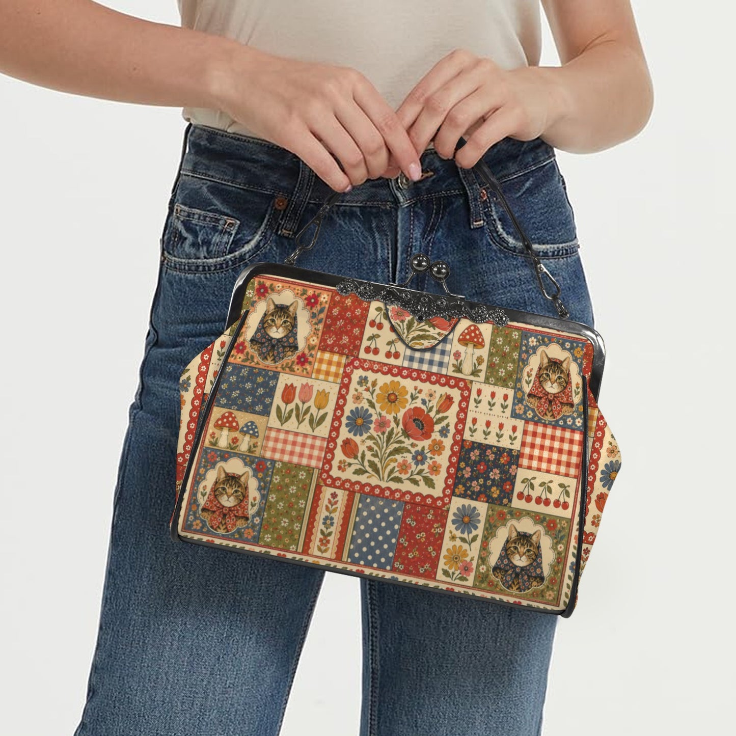 Babushka Cat Pretty Patchwork Kisslock Crossbody Shoulder Bag(Model 1752)
