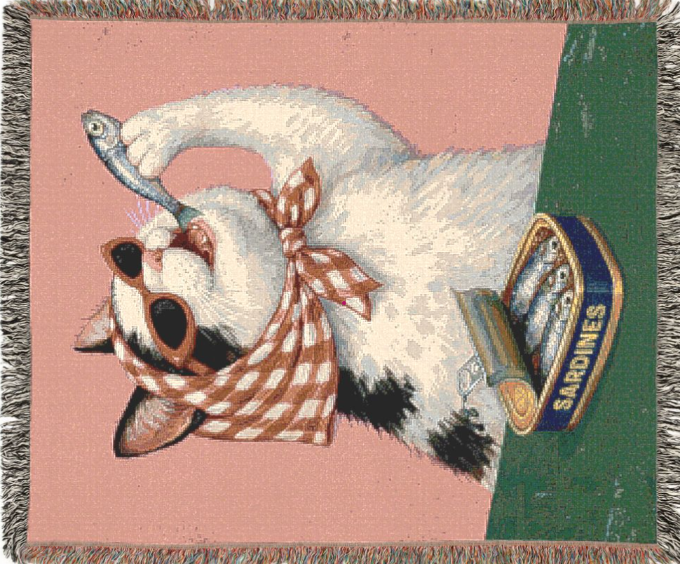 Babuska Cat Loves Sardines  Woven Blanket, Cat Lover Gift