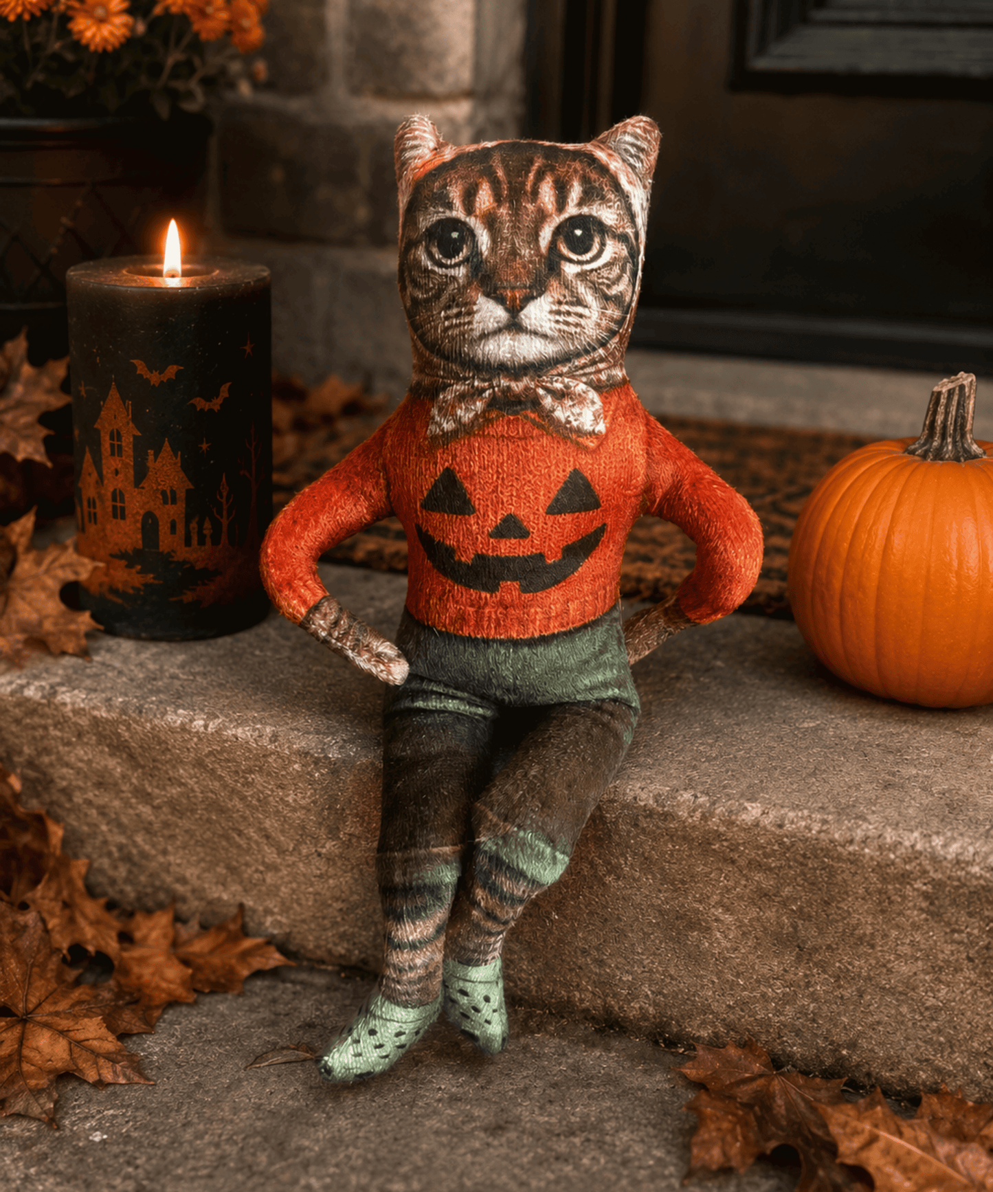 Babushka Cat Halloween Poseable Shaped Posie Doll