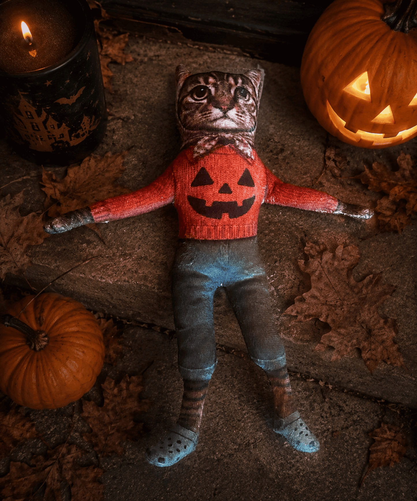 Babushka Cat Halloween Poseable Shaped Posie Doll
