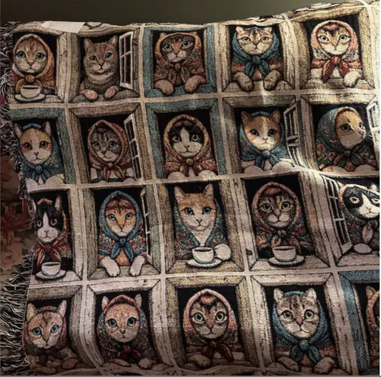 Babushka Cats in Windows Woven Blanket